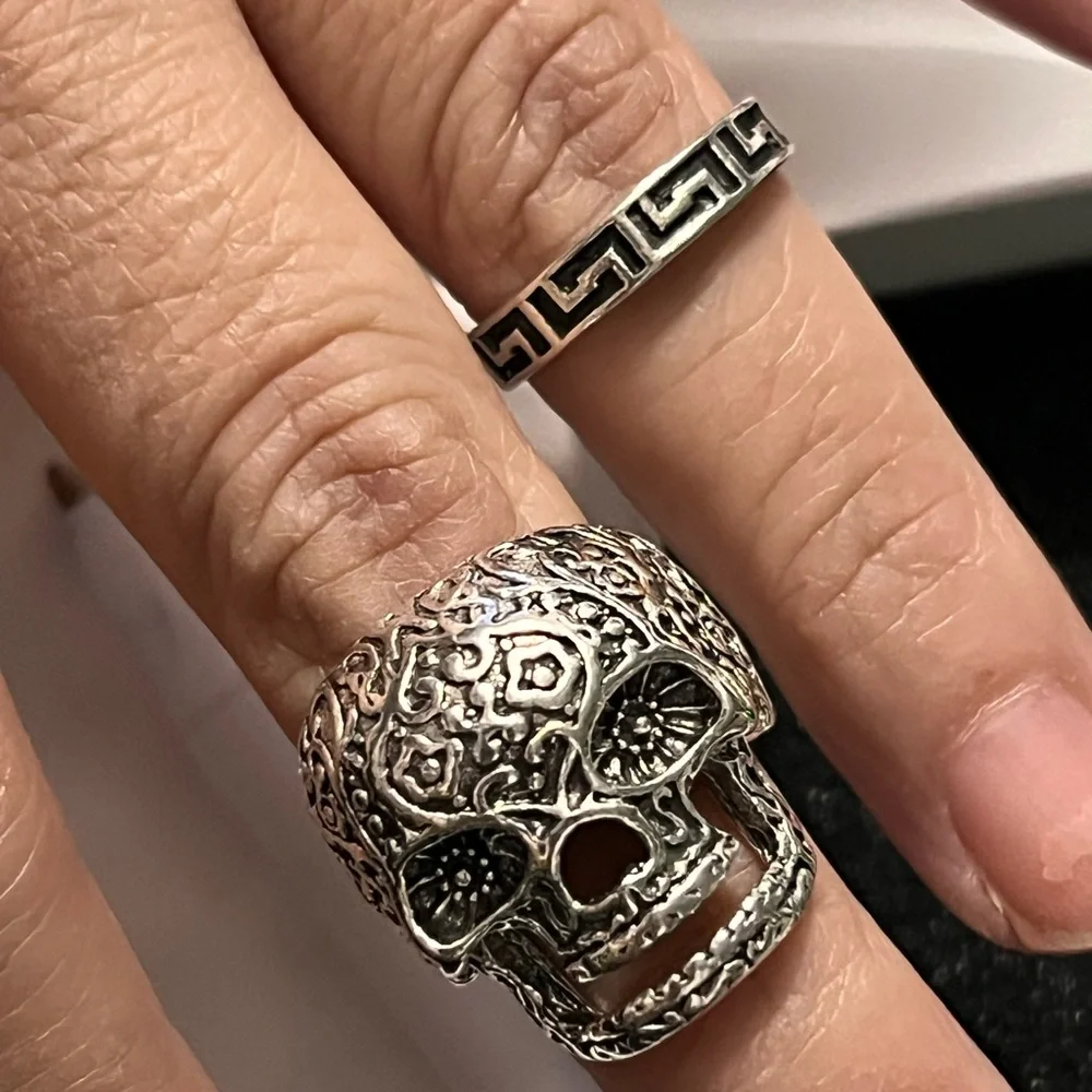 Silver Skull Ring with Geometric Band